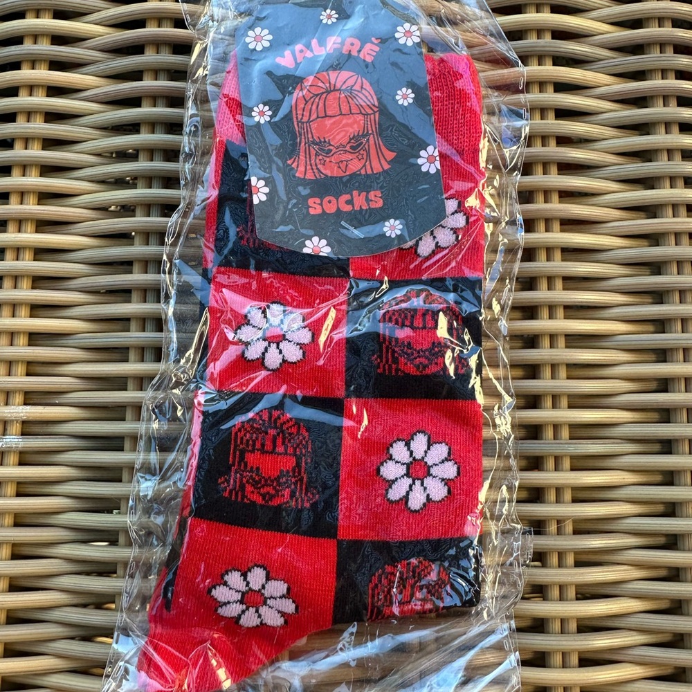 Valfre Red and Black Floral Checkered Socks
